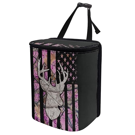 Pink Camo Deer Car Trash Can American Flag Automotive Garbage Can Vehicle Trash Bag with Adjustable Straps Auto Waster Container with Zip Camping Picnicing Hiking Bag