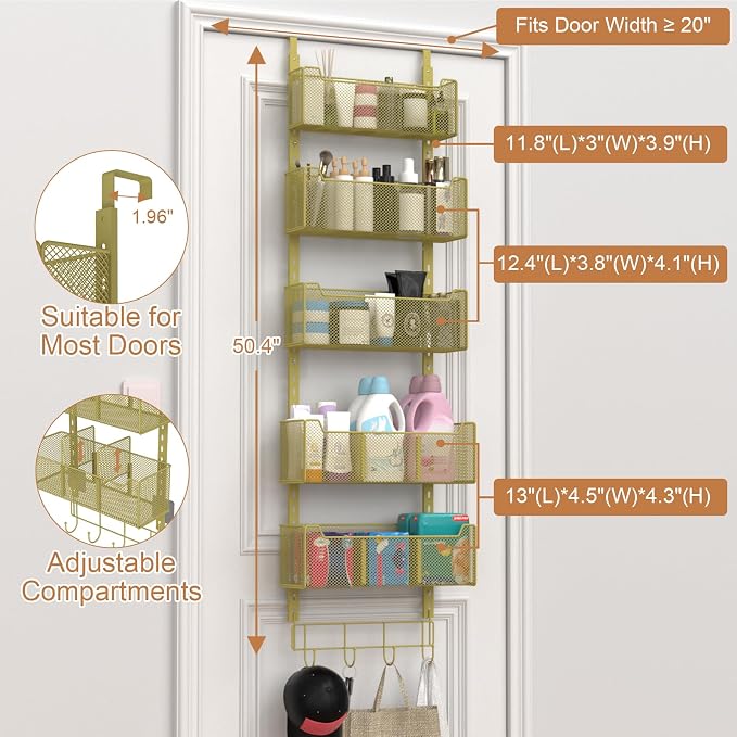 VyGrow Over The Door Organizer, Metal Door Organizer Hanging with 5 Adjustable Baskets and Coat Hook, Behind The Door Storage for Bedroom Closet Bathroom Pantry Cabinet Kitchen, Gold