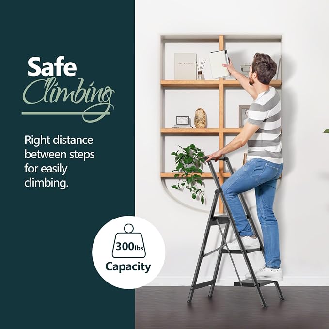 WOA WOA 3 Step Ladder, Ladders for Home, Anti-Slip Pedals, Aluminum Step Stool Foldable, Lightweight to Move, Ease of Storage, Reach 8ft for Closet Kitchen Library, Hold 300lbs - Black