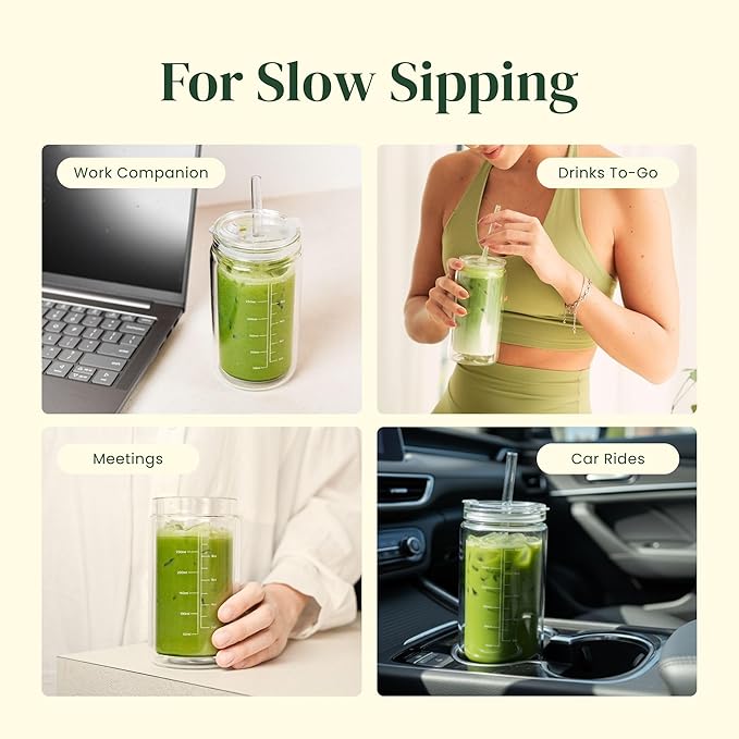 Slow Sippin' Glass Tumbler with Straw & Lid – 11.8oz / 350ml Double-Walled Glass Coffee Cup, Matcha Cup with Volume Markings, Tritan® Straw & Cleaner – Reusable, BPA-Free Iced Coffee Tumbler