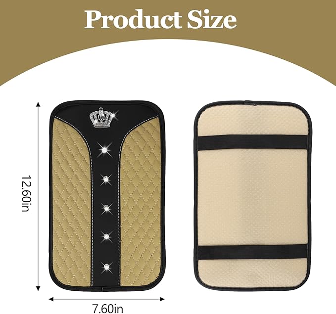 Bling Crown Car Center Console Cover, 12.7"×7.7" Armrest Cover for Cars, Waterproof Leather Arm Rest Box Pad Cushion, Universal Middle Console Cover Protector, Car Accessories (Beige)