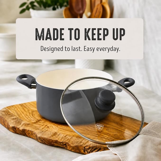 GreenLife 5 Quart Nonstick Stock Pot with Lid, Non-Toxic Ceramic Pot, Dishwasher Safe, Induction Ready, Fast Heating, Stay-Cool Handles, Kitchen Casserole, Soup, Pasta, Easy Clean, Graphite Black