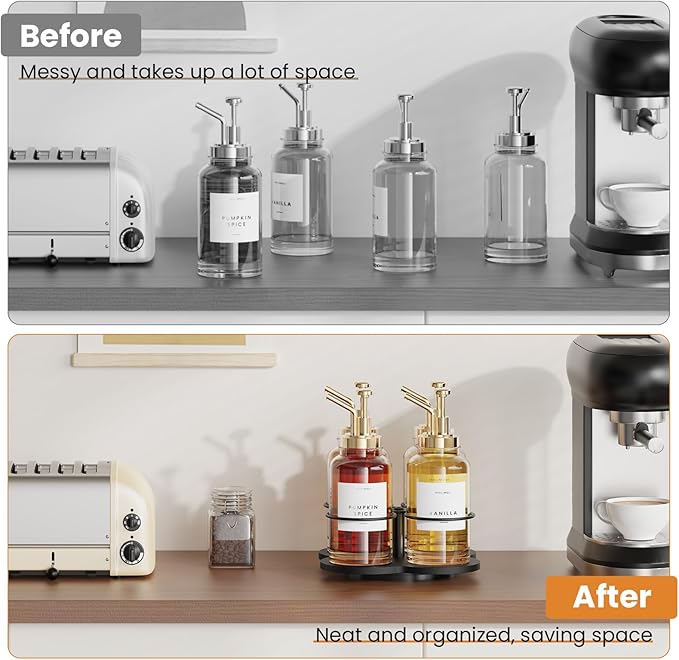THYGIFTREE Rotating Coffee Syrup Organizer 4 Bottles Syrup Rack for Countertop Wood Bottle Holder Stand for Coffee Bar Station, Black