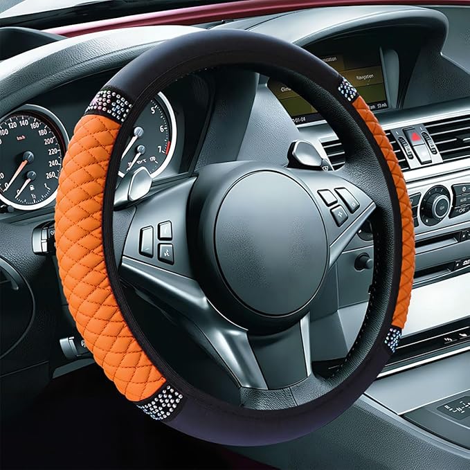 Bling Soft Leather Steering Wheel Cover, 15" Anti-Slip Sparkly Crystal Auto Elastic Steering Wheel Protector for Women Girl, Colorful Diamond Car Interior Accessory for Most Cars (Orange)