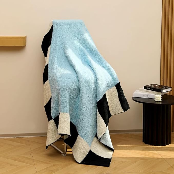 Blue Fleece Throw Blanket for Couch, Modern Fluffy Checkered Blankets Cozy Soft Memphis Style Decorative Blanket for Sofa Travel All Seasons 50x70 Inch