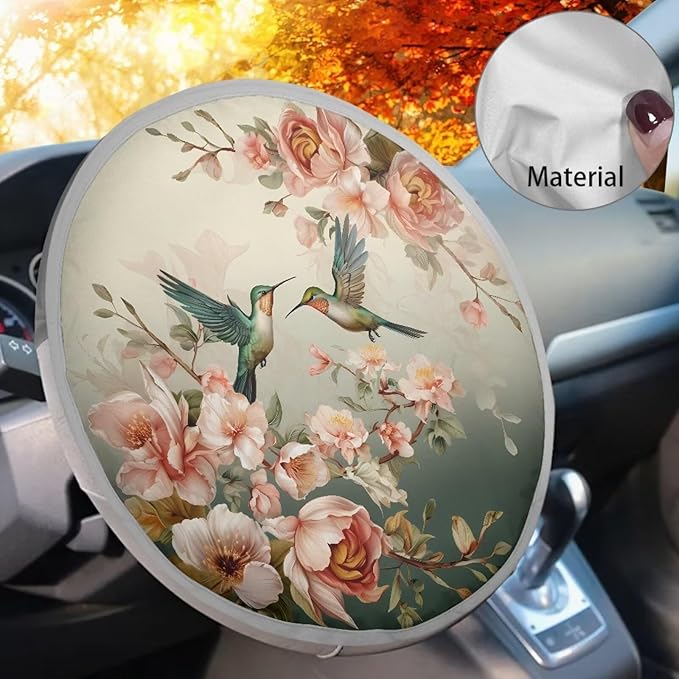 Floral Hummingbird Steering Wheel Sun Shade Cover Heat Protection Vehicle Steering Wheel Reflector Protector Thickened Sun Heat Shield for Most Cars SUV Truck Van