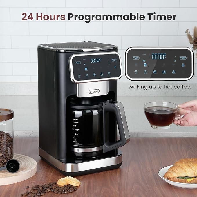 Gevi 12-Cup Programmable Coffee Maker with Touchscreen, Strong Brew & Iced Coffee Options, Auto Shut-Off, 4-Hour Keep Warm, Glass Carafe, Anti-Drip System, Permanent Filter Included