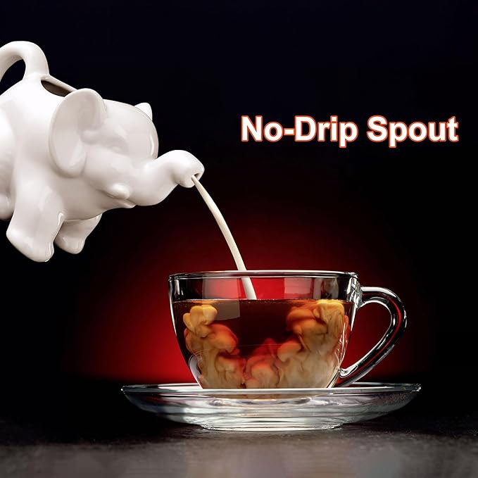 HIC Kitchen Elephant Creamer With Handle, Fine Porcelain, 9-Ounce, For Serving Milk, Cream, Syrup, Dressings, And Sauces