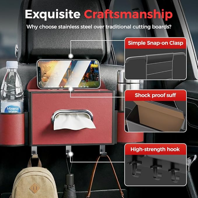 Back Seat Car Organizer,3 in 1 Car Backseat Storage Box with Cup Holder,Tissue Box,Trash Bin&Hooks,Multifunctional Waterproof Storage for Hold Phones Snacks Drinks Handbags (1, A-Red)