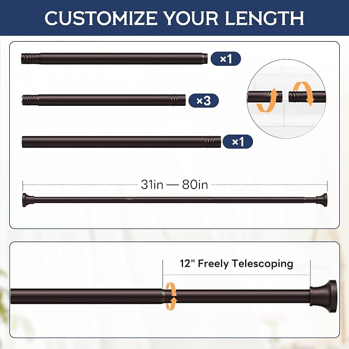 Adjustable Shower Curtain Rod 31-80 Inch, Never Rust Stainless Steel Brown Tension Rod, 1" Heavy Duty No-Drill for Bathroom, Kitchen & Closet