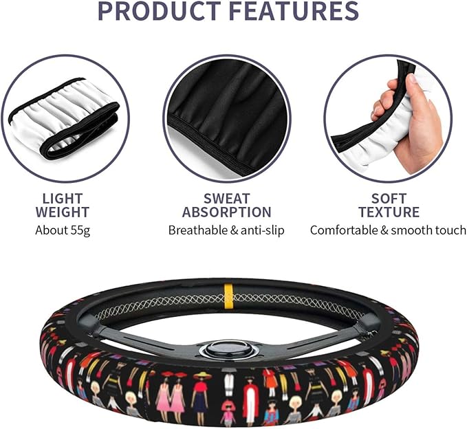 Fashion Character Pattern Anti-Slip Steering Wheel Cover, Sweat-Absorbing Protection, 15-inch car Universal Accessories