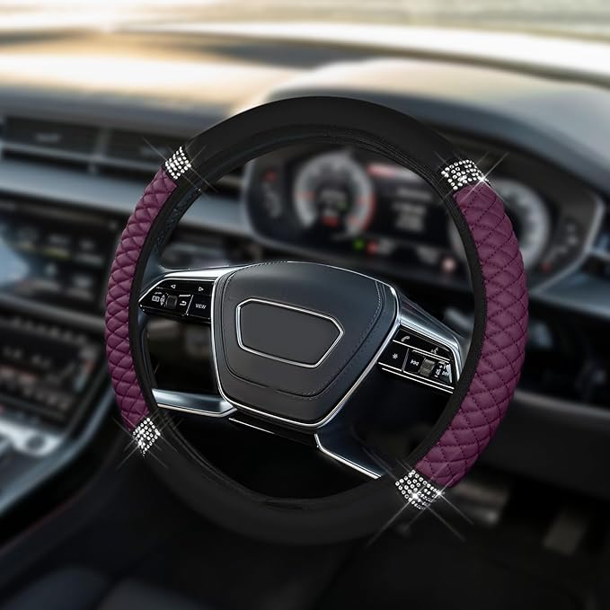 Car Steering Wheel Cover, Steering Wheel Accessories, Breathable Microfiber Leather Auto Wheels Protector, Universal 15 Inch Anti-Slip Protector for SUV Sedan Truck (Bling-Purple)