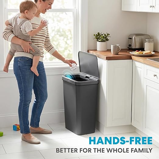 SIMPLI-Magic 13.2 Gallon / 50 Liter Rectangle Kitchen Sensor Trash Can, Touchless Automatic Kitchen Garbage Bin with Soft-Close Lid, Gray