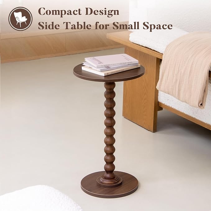 Fultyle Small Round Side Table, Walnut End Table for Small Spaces, Modern Drink Table Accent Table with Solid Wood Leg for Living Room, Bedroom, Corners, and Office (Walnut Brown)