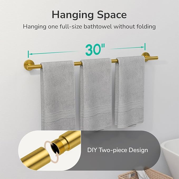 USHOWER Brushed Gold Bath Towel Bar, 30-Inch Towel Racks for Bathroom Wall-Mounted, SUS304 Stainless Steel Towel Rod (Total Length 32-Inch)