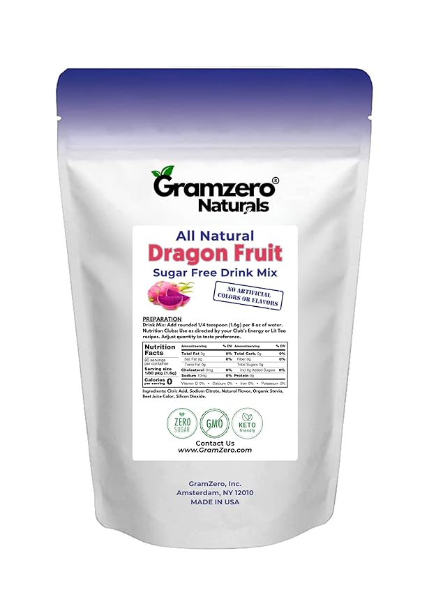 GramZero All Natural Dragon Fruit Zero Calorie Sugar Free Drink Mix, Great For Nutrition Club Loaded Tea, Stevia Sweetened