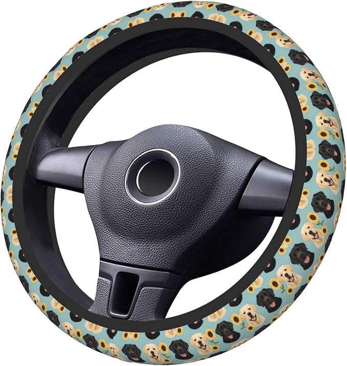 Neoprene Steering Wheel Cover Labrador Floral Sunflower Dog Car Steering Wheel Cover Universal Fit for Most Cars