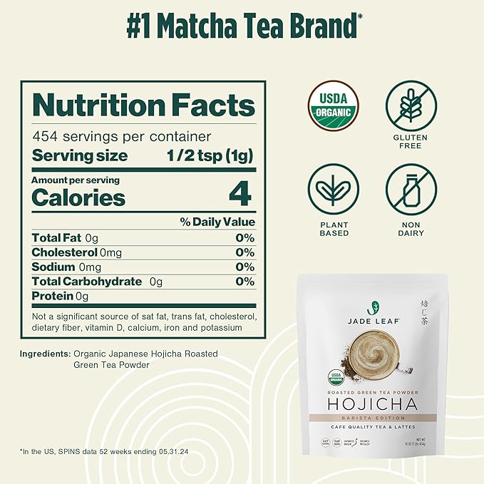 Jade Leaf Matcha Organic Hojicha Powder, Roasted Matcha Green Tea Powder, Barista Edition, Authentic Japanese, 454 servings (1 Pound Bulk Pouch)