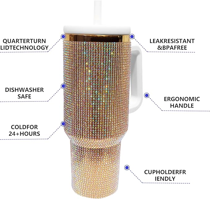 40-OZ Insulated Water Bottle,Insulated Stainless Steel Tumbler,Reusable Cold Drink Thermos,BPA-Free, Double-Wall Stainless Steel Water Bottle (Golden Copper Color-Diamond, 40, Fluid Ounces)