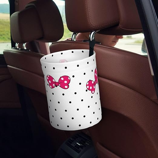 Cute White Dots Pink Bow Car Trash Can Garbage Cans Foldable,Small Hanging Car Organizer Storage Bag Leak Proof, Auto Back Seat Trash Bin Universal for Truck, SUV, Outdoor Travel