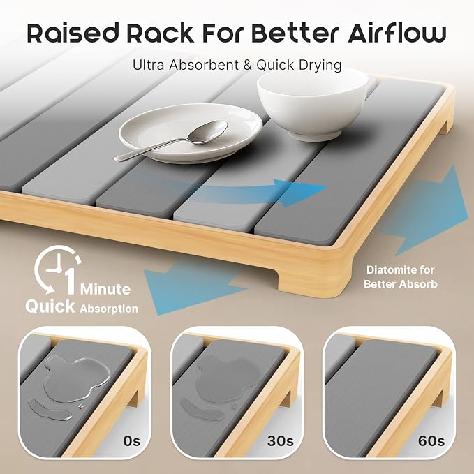 ArtyCozy Large Rollable Stone Drying Mat with Foldable Bamboo Dish Drying Rack for Kitchen Counter, Super Absorbent Diatomaceous Earth and Quick Drying Rack, 24"×16", Dark and Light Grey