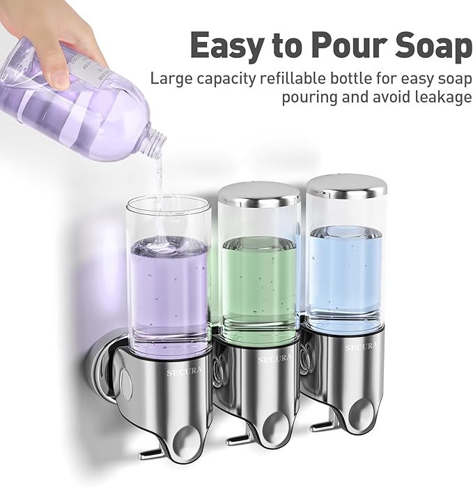 Secura Triple Wall Mounted Soap Dispenser, 3 x 17 fl oz Shampoo and Soap Dispensers Perfect for Home & Kitchen (Stainless Steel)