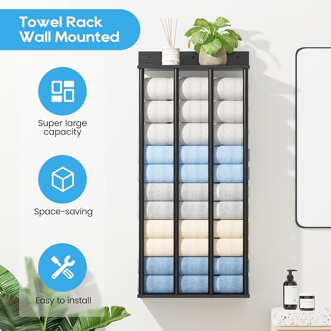 Towel Racks for Bathroom Wall Mounted, Updated 4 Bar Wall Towel Holder | Large Bathroom Towel Storage Rack for Rolled Towels, Modern Metal Towel Organizer Shelf with Wooden Storage Shelf