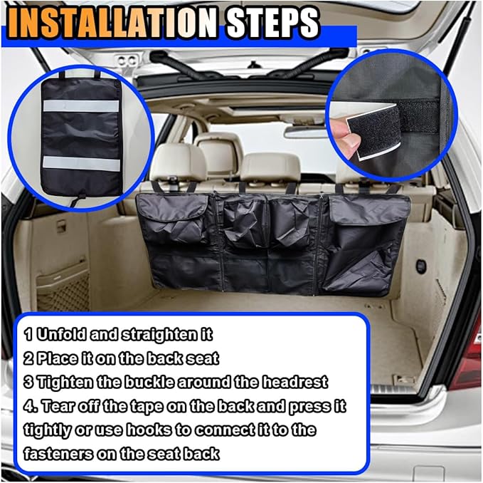 Back Seat Trunk Organizer, Large Capacity Hanging Storage Organizer with Adjustable Straps, Waterproof Cargo Storage Bag with Pockets, Car Interior Accessories for Car, Truck, SUV (Black)