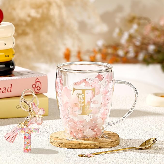 Personalized Gift for Women Flower Glass Coffee Mug Initial Tea cup Monogrammed Customized Bridesmaid Bride Wedding Gifts Graduation Gifts Valentine Mother's Day Birthday Christmas Gift (T)