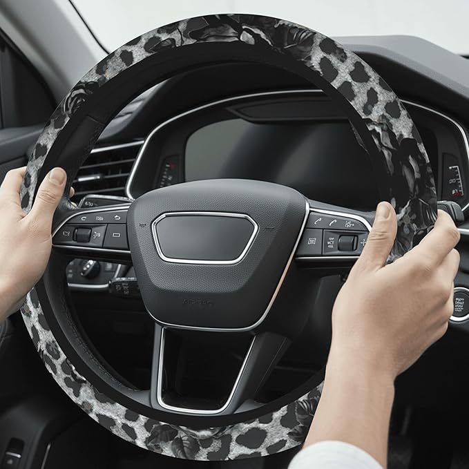 Cute Steering Wheel Cover for Women, Machine Washable Universal 14.5-15.5 inch Non-Slip Grip All Weather Use (Black Leopard Rose)