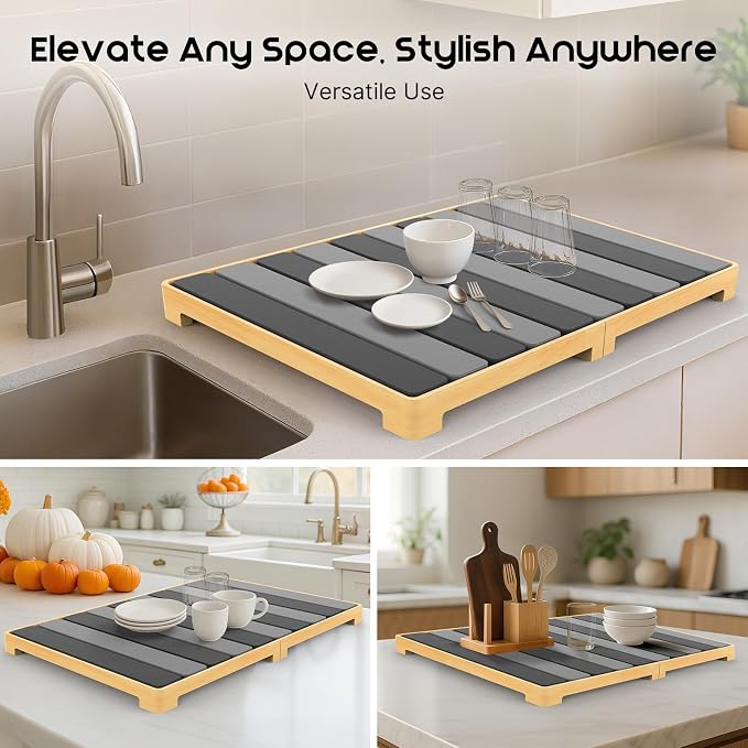 ArtyCozy Large Rollable Stone Drying Mat with Foldable Bamboo Dish Drying Rack for Kitchen Counter, Super Absorbent Diatomaceous Earth and Quick Drying Rack, 24"×16", Dark and Light Grey