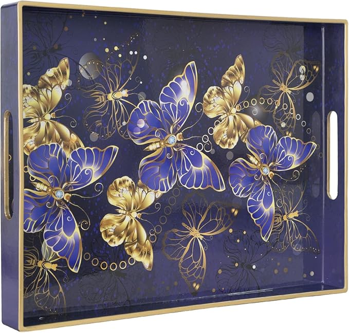 MAONAME Rectangular Decorative Tray, Butterfly Plastic Serving Tray with Handles, Modern Blue Trays for Ottoman, Coffee Table Trays for Living Room, Home Decor, 15.8" x 11.8" x 1.6"