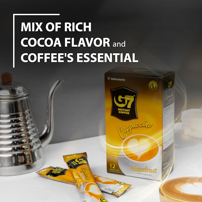 TRUNG NGUYEN G7 CAPPUCINO HAZELNUT Instant Coffee for Energy Boost - Fresh Hazelnut Flavour, Light Aroma with Thick & Soft Foam Milk - Balanced & Rich Vietnamese Instant Coffee (12 Sticks/Box)