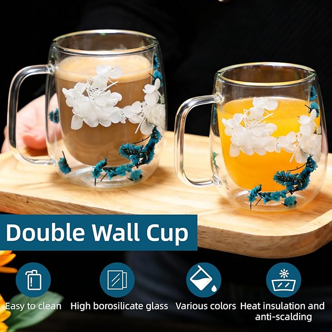 Dried Flowers Double Wall Insulated Coffee Mug, Borosilicate Glass Tea Cup with Real Flower Embedded, Heat Resistant Handle for Valentine's Day Birthday Gifts (blue,13.19oz)