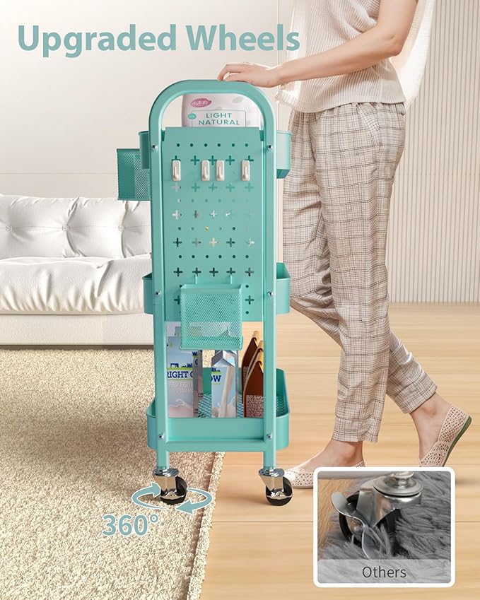 ALVOROG 3 Tier Rolling Cart with DIY Pegboards Metal Utility Cart with Wheels Handles Baskets Hooks, Craft Cart for Office Kitchen Bathroom(Tiffany Blue)