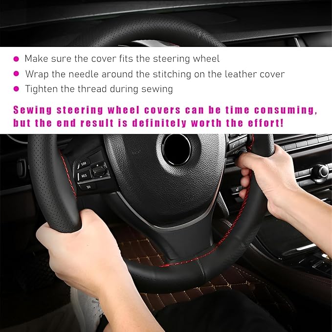 Ziciner Genuine Leather Steering Wheel Cover, Stitch on Wrap, Breathable Anti-Slip Car Steering Wheel Protector for Max Diameter 15 Inch, DIY Sewing with Needles Thread (Coffee, Hole)