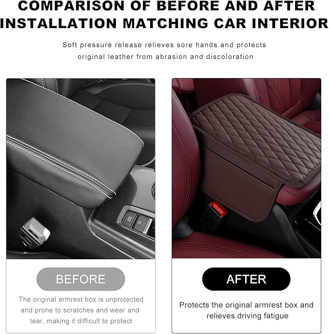 Car Center Console Cover, Waterproof Leather Arm Rest Cushion Pad with 2 Storage Bags, Anti-Scratch Armrest Seat Box Protector Interior Accessories for Most Vehicles (Coffee)
