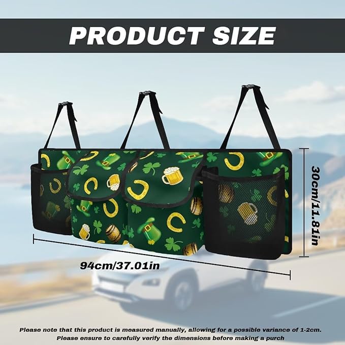 St. Patrick Day Theme Hanging Car Trunk Organizer with Lid Suv Seat Back Storage Bag with Green Hat/Leaves/Beer/Horseshoe Pattern