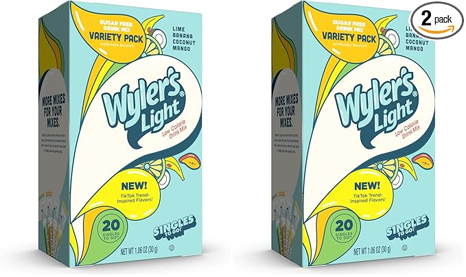Wyler's Light Singles to Go Powder Packets,Water Drink Mix,Variety Packs,Lime,Banana,Coconut,Mango,Watertok Base Flavors,Sugar & Caffeine Free,On-The-Go, 20 Count (Pack of 2)
