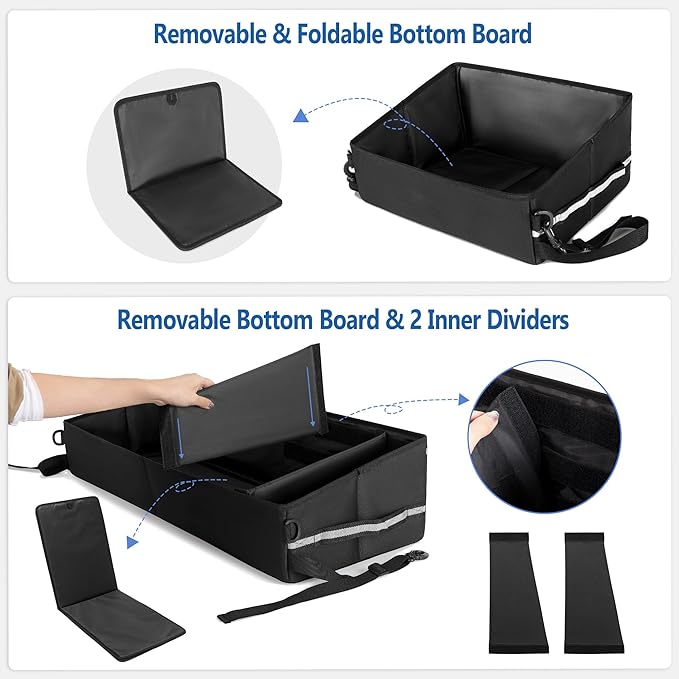 Trunk Under Seat Storage Fit for Super Crew, Tool Organizer Box Under Rear Seat for Three Seats with Removable Bottom Boards, Side Handles and Hook Snap Fix Straps, Black