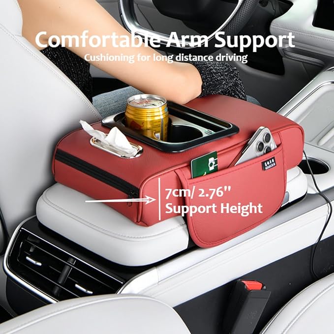 Armrest Box Pad for Car w/Type-C Charging Interface, Car Center Console Cover w/Cup Holder, Interior Car Accessories (Black-Red)