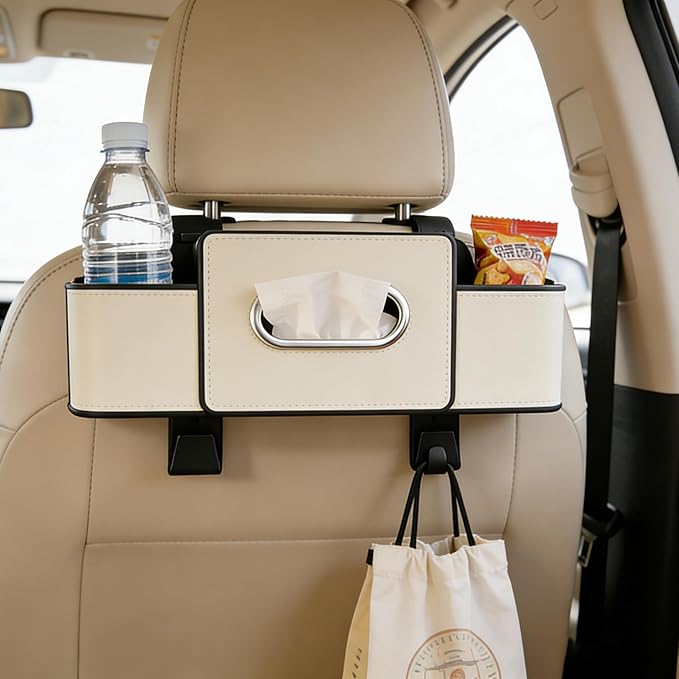 Car Organizers and Storage Box, Multifunctional Car Seat Back Storage Box with Tissue and Hook for Hold Phone Water Cup Handbag, Fits Most Vehicles (Beige,1PCS)