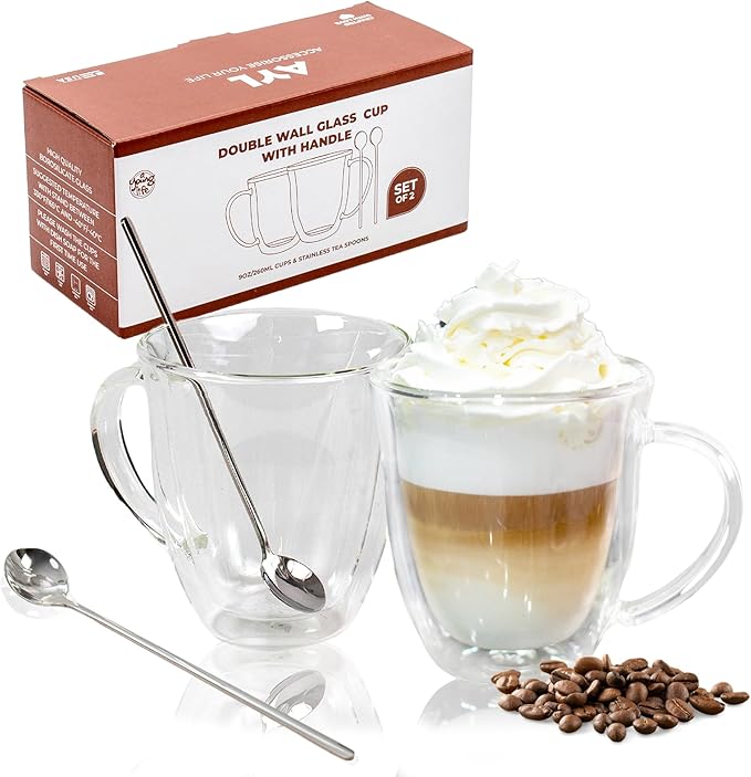AYL Double Wall Coffee Mugs with Handle (9oz) - Insulated Glass Cups for Tea, Coffee, Cappuccino, Espresso & Latte - Elegant & Clear Beverage Glasses
