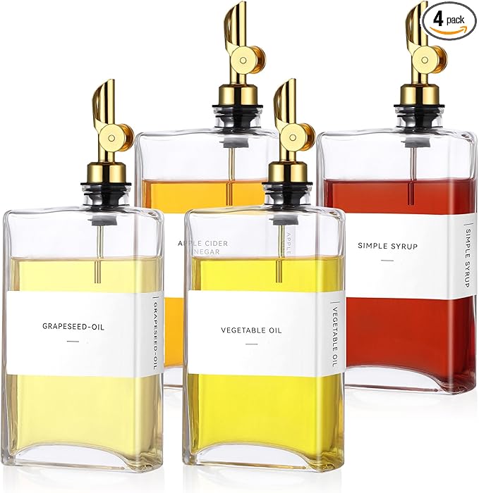 4 Pcs Olive Oil Dispenser for Kitchen, Glass Olive Bottles Oil Seasoning Bottle Set Coffee Syrup Soy Sauce Dispenser (Gold,350 ml)