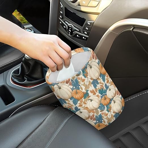White Pumpkins Trash Can for Car Auto Garbage Can for Back Seat Leak Proof with Adjustable Buttons Car Accessories for Women Interior