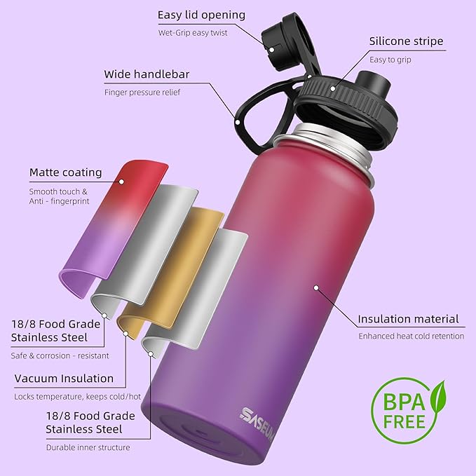 SASEUM Insulated Stainless Steel Water Bottles 32oz with Spout Lids Metal Vacuum Thermal Large Water Jug Leak-proof Reusable Flask for Sports Gym and Travel,Red-Purple