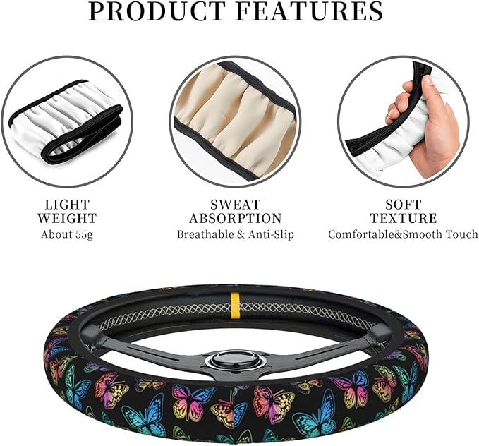 Colorful Butterfly Steering Wheel Cover Women Men Elastic Stretch Soft Car Wheel Protector Universal Breathable No-Slip Car Accessories for Truck Van SUV Auto Fit 14-15 Inches
