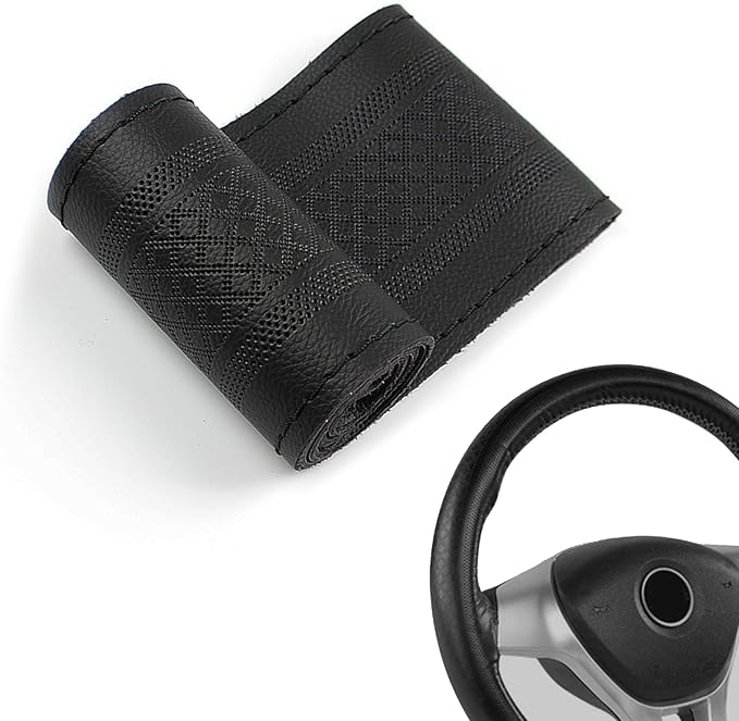 Comfortable Leather Steering Wheel Cover, Non Slip and Breathable, Suitable for 15 Inch Steering Wheel (Black Stripe
