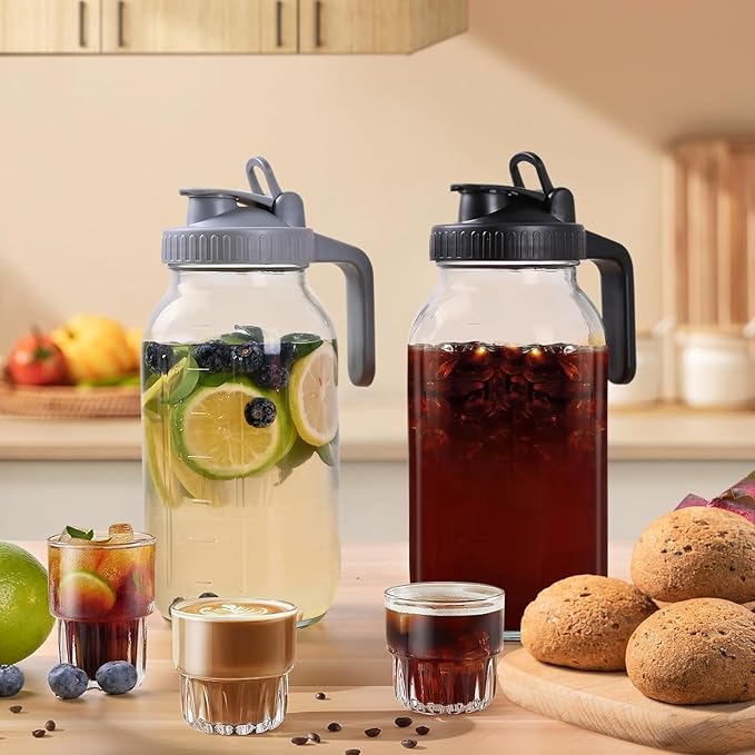 Glass Pitchers with Lid, Set of 2, Wide Mouth Water Jugs 64OZ Leak-Proof Airtight Mason Jars for Cold Brew Coffee, Iced tea, Milk, Food Storage, Sun Tea Jar., Black