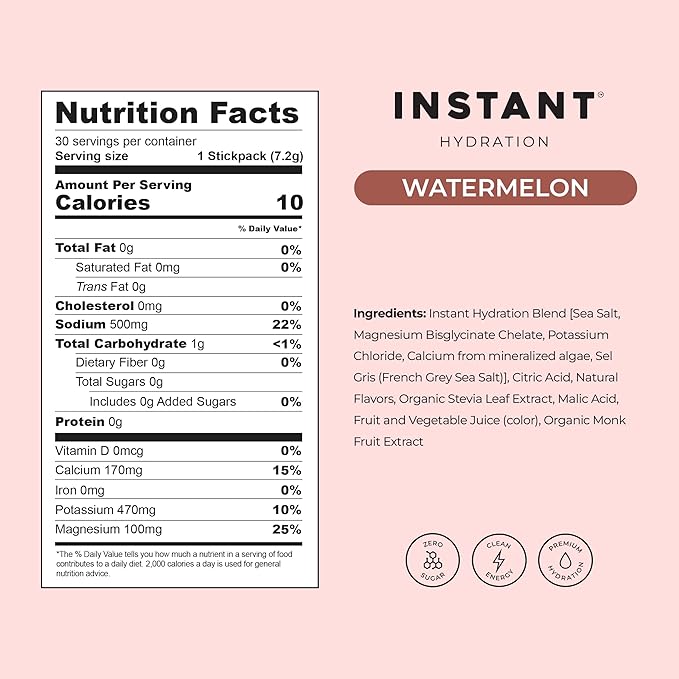 Instant Hydration Electrolytes Powder Packets - Watermelon Electrolyte Drink Mix - Zero Sugar - Keto, Vegan, Gluten-Free, Non-GMO - Boost Recovery, Brain Health, Muscle & Tissue Support- 30 Sticks